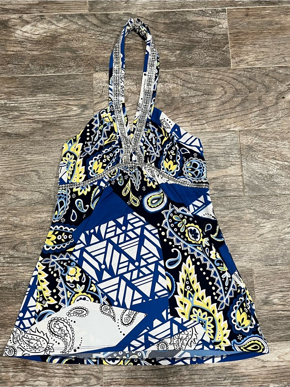 Blue Paisley Halter Tank with Yellow Accents